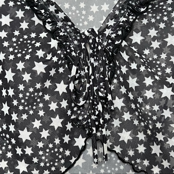 NEW FREE PEOPLE Y2K Sheer Star Tie Front Ruffle V-Neck Long Sleeve Crop Top XS - Picture 9 of 15
